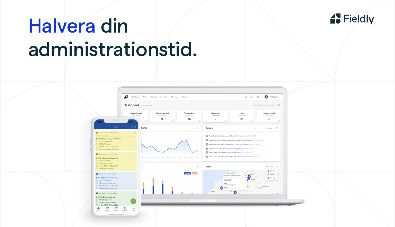 En mobil och en laptop som visar startsidan i Fieldlys projekthanteringssystem.