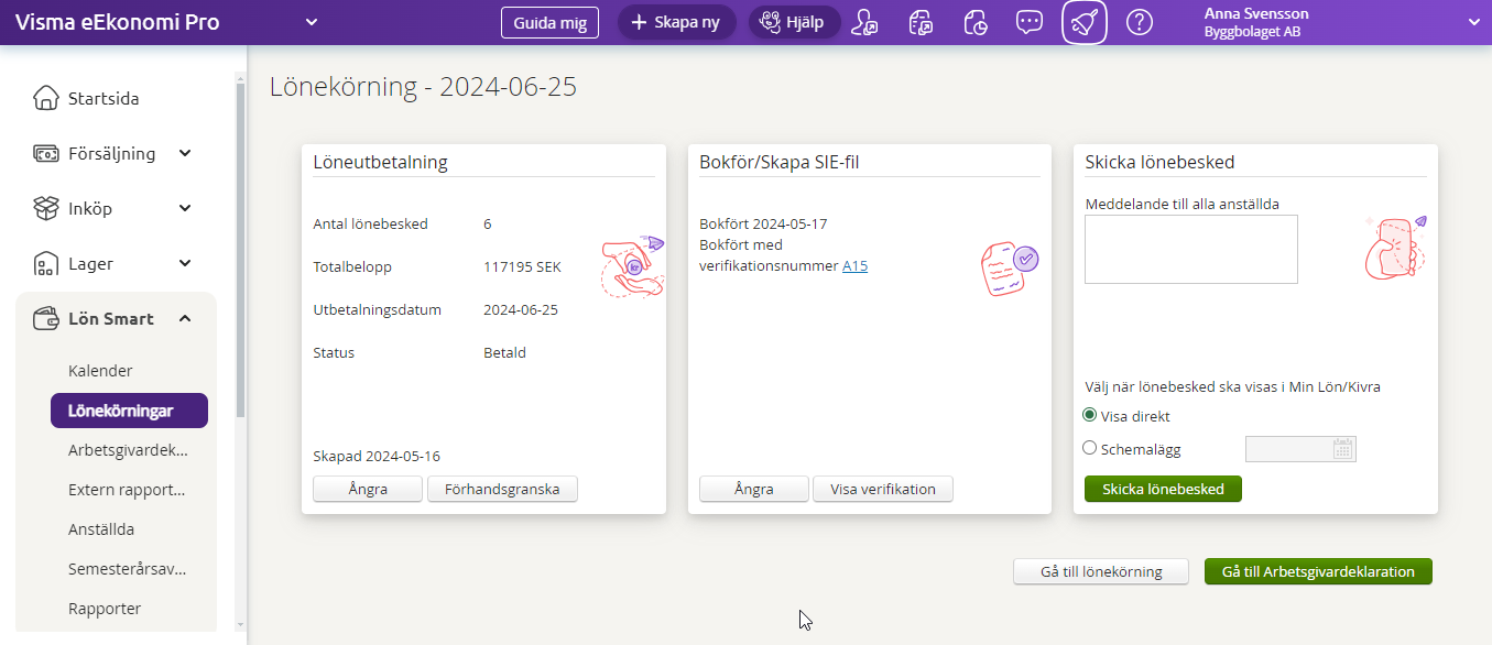 Lönekörning i löneprogrammet Visma Lön Smart.